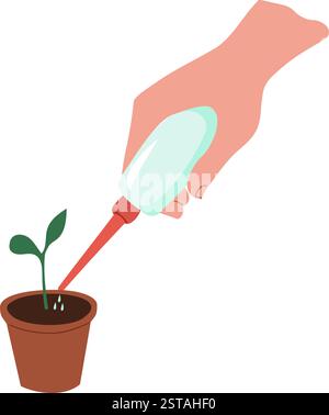 Tropfbewässerung junger Setzlinge, isolierte Vektorillustration in flacher Form Stock Vektor