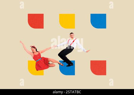 Trend Artwork Skizze Design Montage 3D Collage der Performance Rhythmus Flexibilität Pose Schönheit künstlerische Dynamik junge Dame Mann Tanz glücklich Stockfoto