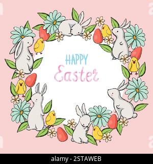 Postkarte mit einer runden Osterkomposition aus Häschen, Küken und Eiern auf rosa Hintergrund. Vektorabbildung Stock Vektor