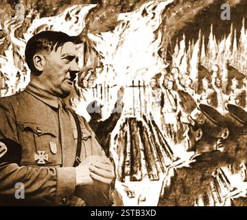 Ein Porträt von Adolf Hitler vor dem Hintergrund einer Bücherverbrennung der Nazis, die am 10. Mai 1933 begann ---- ein Porträt von Adolf Hitler vor dem Hintergrund einer Bücherverbrennung der Nazis, die am 10. Mai 1933 Beginn ---- Stockfoto