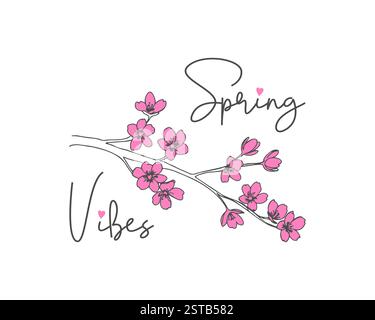 Spring Vibes Karte, Sakura Blumen, Frühlingsstimmung, helle Farben auf weißem Hintergrund. Vektorabbildung Stock Vektor
