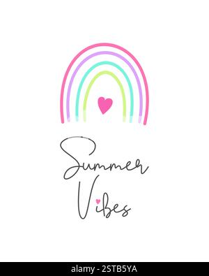 Summer Vibes Karte, Regenbogen mit Herz, Sommerstimmung, helle Farben auf weißem Hintergrund. Vektorabbildung Stock Vektor