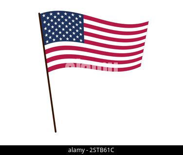 Schwenkende amerikanische Flagge auf hölzernem Pfosten isoliert auf weißem Hintergrund. Nationales Symbol der USA. Unabhängigkeitstag und patriotisches Konzept Stock Vektor
