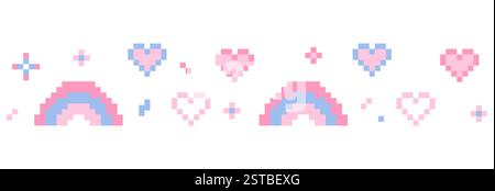 Pixel Star Glitzer niedliches Retro 8 Bit Glitzer Set. Glänzend pinkfarbenes Pixel-Kunsteffekt-Set. Feuerwerk geplatzt, Pfeil, Raumdekoration. Ästhetik der 90er Jahre, y2k. Vektorabbildung Stock Vektor