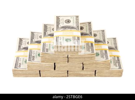 Stapel von 10.000-Dollar-Stapeln von 100-Dollar-Scheinen, isoliert auf weißem Hintergrund. Stockfoto