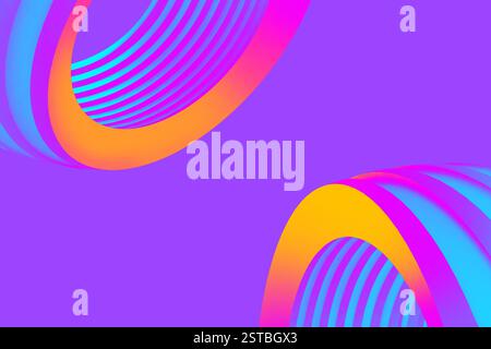 Abstrakter geometrischer Hintergrund mit lebendigen gekrümmten 3D-Strukturen in Neonrosa, Gelb und Blau vor violettem Hintergrund. Modernes digitales Kunstwerk mit Stockfoto