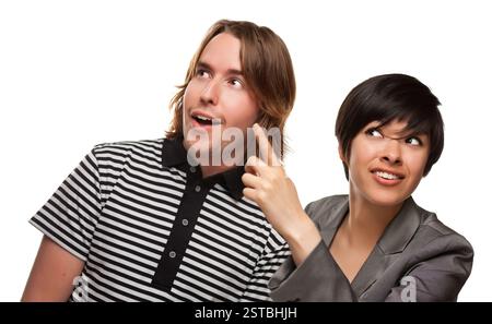 Verschiedene kaukasische männliche und multiethnische weibliche zeigen nach oben Stockfoto