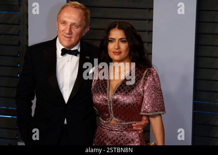Salma Hayek und Ehemann Francois-Henri Pinault nehmen am 4. März 2018 an der Vanity Fair Oscar Party im Wallis Annenberg Center for the Performing Arts in Beverly Hills, Los Angeles, USA, Teil Stockfoto