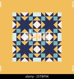 Geometrischer Muster Kunstdruck mit blauen und senfgelben Akzenten, sich wiederholenden Mustern, Vektorkunststil, einfache Formen, flache Farbblöcke, Retro-Design Stock Vektor