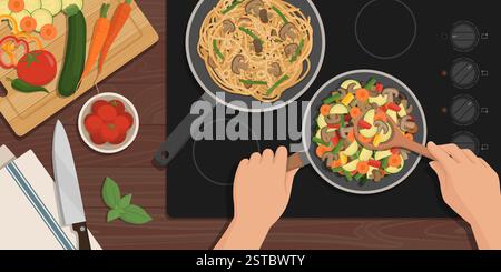 Frau kocht Gemüse in einer Pfanne und bereitet Mittagessen vor, Küchenarbeitsplatte Blick Stock Vektor