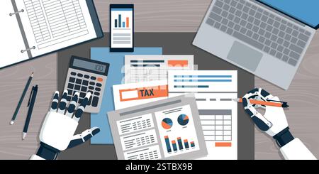 Buchhalter-KI-Roboter, der Finanzberichte am Bürotisch, Unternehmensleitung und KI im Buchhaltungskonzept prüft Stock Vektor