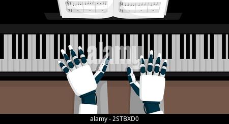 KI-Roboter spielt Klavier, Hände auf der Tastatur von oben Stock Vektor