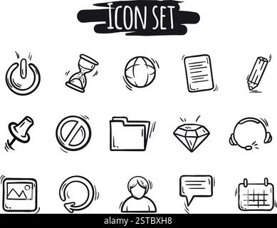 Handgezeichneter Vektor-Satz von Schwarzweiß-Social-Icons. Bearbeitbare Zeichen und Symbole für Website-Design und soziale Netzwerke Stock Vektor