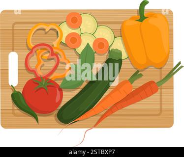 Frisches gesundes Gemüse auf einem Schneidebrett, gesundes Essen und Kochkonzept Stock Vektor