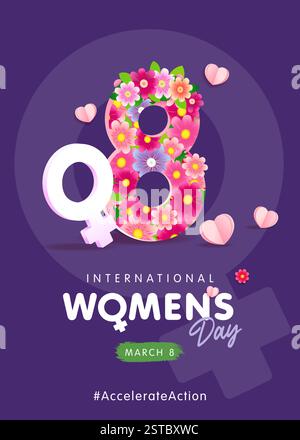 Internationaler Frauentag 8. März mit Blumen und süßen Papierherzen. Accelerate Action Kreatives Poster mit der Nummer 8 und dem weiblichen Symbol für den Frauentag Stock Vektor