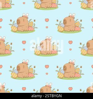 Nahtloses Muster. Niedliche glückliche Ostern Capybara mit Hasenohren und dekorativen Eiern auf blauem Hintergrund mit Herzen. Kawaii-Charakter in der Weihnachtskarikatur. Vec Stock Vektor