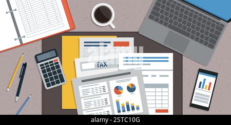 Buchhalter sitzt am Schreibtisch und prüft Finanzberichte, Desktop-Draufsicht Stock Vektor