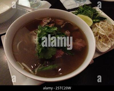 Pho. Aromatische Brühe mit Reisnudeln, dünn geschnittenem Rindfleisch und frischen Kräutern. Eine geschmackvolle und zufriedenstellende vietnamesische Suppe. Ein Symbol der vietnamesischen Küche Stockfoto