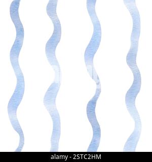 Vertikale Wellen blaue Linien in nahtlosem Aquarellmuster isoliert. Niedliche Wellenstruktur im Cartoon-Stil für Kinder. Kurvige Linien blassblau von Hand gezeichnet Stockfoto