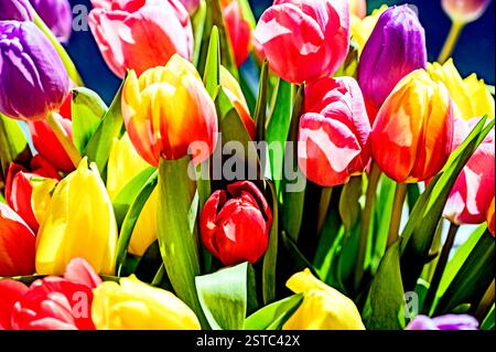 Buntes Tulpenbündel; buntes Tulpenstrauß Stockfoto