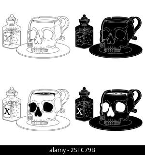 Menschlicher Schädel Geformter Porzellan-Teetasse, Schädel Geformter Kaffeetasse Magischer Trank-Cup, Halloween Dämonic Cup Stock Vektor