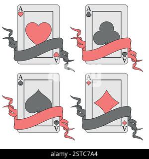 Pokerkarte, umgeben von einem Band, Poker-Symbole von Herz, Diamant, Club und Ass Stock Vektor