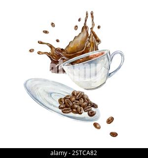 Kaffeespritzer mit Tropfen, geröstete braune Bohnen, Porzellanbecher und Untertasse. Handgezeichnete Vektorgrafik. Für Postkarten, Einladungen, Poster für Stock Vektor