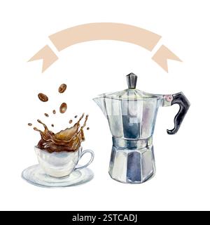 Tasse Kaffee mit Spritzern Getränk, Metallgeysir-Kaffeemaschine, geröstete Bohnen, Textvorlage. Handgezeichnete Vektorgrafik. Für Postkarten Stock Vektor