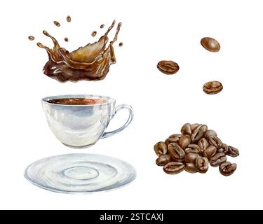 Tasse Kaffee, Bohnen, Spritzer Drink, Aquarell. Handgezeichnete Vektorgrafik. Für Ansichtskarten, Einladungen, Poster für gemütliche Cafés, große Banner f Stock Vektor