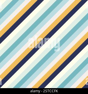 Lebendiges Muster aus diagonalen Streifen in wechselnden Farben von Hellblau, Gelb, Marineblau, nahtloses geometrisches Muster, Retro-Vibe der 1970er Jahre Stock Vektor