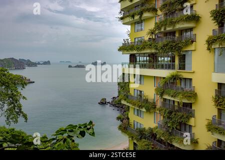 Gelbes, mit Pflanzen bedecktes Gebäude mit Blick auf das idyllische Meer. Foto in Ha Long Bay an einem bewölkten Tag Stockfoto