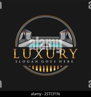 Design-Konzept für luxuriöses Schwimmbad-Logo-Symbol-Symbol. Vektorabbildung Stock Vektor