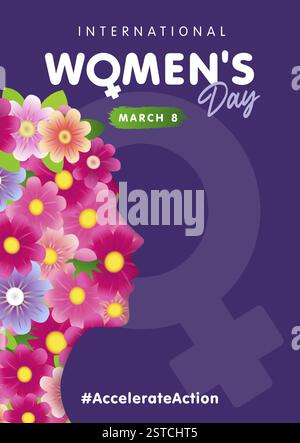 Internationaler Frauentag IWD 2025 kreatives Posterdesign. Happy Woman's Day 8. März – Beschleunigung der Action mit Blumen in Mädchenkopf-Silhouette Stock Vektor