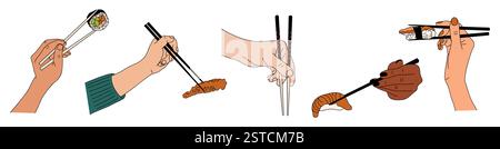 Set von Händen, die Stäbchen mit Sushi halten Stock Vektor
