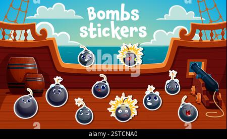 Zeichentrickfiguren der Piratenbomben-Aufkleber. Lustige runde schwarze Retro-Bomben mit Dochten und explodierenden Granaten Vektorfiguren auf alten Piratenkorsair Stock Vektor