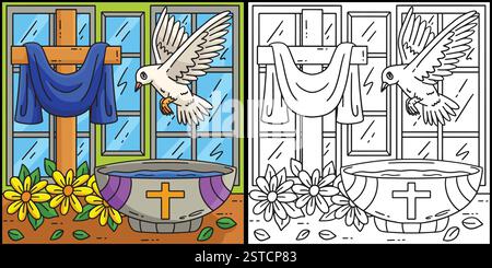 Taufschale Wasser, Taube und Kreuz Illustration Stock Vektor