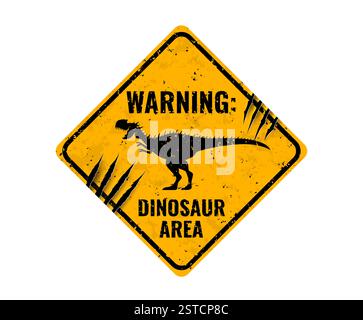 Dinosaurier-Warnschild mit Kratzspuren. Gefährliches prähistorisches Tier, Dino Park Gebiet isolierte Vektor Warnung Straßenschild mit monolophosaurus roa Stock Vektor