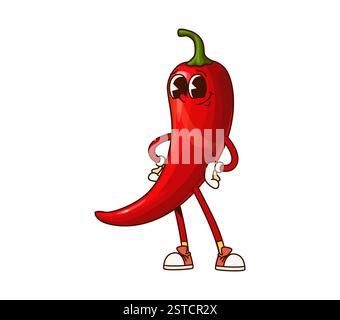 Grooviger Chili-Pfeffer-Gemüsecharakter. Cartoon Vektor Spaß und lebhafte rote heiße Jalapeno oder Guindilla Gemüse Person mit ausdrucksstarken Augen, und akimbo po Stock Vektor