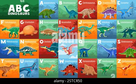 Kinder-Alphabet für prähistorische Dinosaurier mit Zeichentrickfiguren. Englische Buchstaben mit lustigem Brontosaurus, tyrannosaurus rex, Velocira Stock Vektor