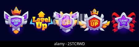 Level-up-Rangliste und -Bewertung-Symbole mit Metallschilden, Kronen und Sternen mit Bändern und Flügeln. Comic-Vektor-Preise für Gam Stock Vektor