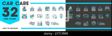 Die Symbole der Autopflegelinien umfassen Anzeichen für Autowäsche, Wachsen, Polieren, Reifenpflege, Reinigungsdienste und Pflegeaktivitäten im Salon. Vektorlineare Ele Stock Vektor