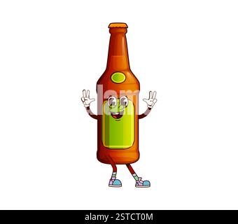 Bierflaschengetränk grooviger fröhlicher Charakter. Lustige Figur im Retro-Cartoon-Stil. Pub Bier Flasche funky isoliert Vektor glücklich Maskottchen, Stock Vektor