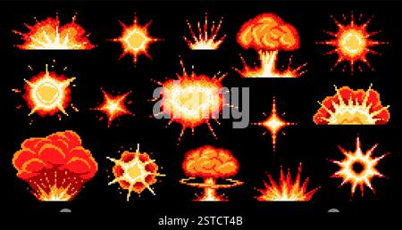 8-Bit-Game-Bombenexplosion, Feuerexplosion, Burst-Effekt mit explosiven Rauchwolken und Flammen. Retro 2D-Video und 8-Bit-Spiele Vektor-Asset von Pixel Stock Vektor