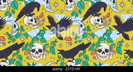 Nahtloses Muster mit handgezeichneten Tintenrabben oder Krähen, die auf menschlichen Schädeln sitzen Stock Vektor