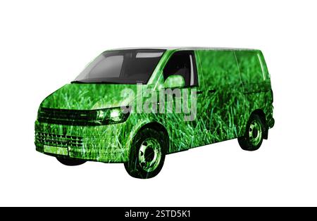 Umweltfreundlicher Transport. Minibus mit grünem Blumenmuster auf weißem Hintergrund Stockfoto