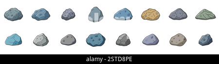 Steinsymbol. Set von Steinen und Felsen in verschiedenen Formen, die verschiedene Mineralien darstellen. Stock Vektor