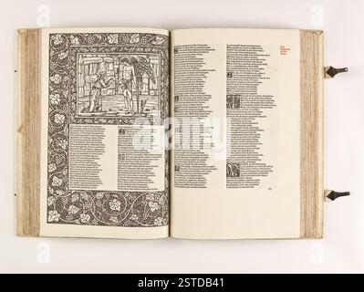 The Kelmscott Chaucer - die Werke von Geoffrey Chaucer, jetzt neu eingeprägt, 1896, mit 87 Holzschnitt-Illustrationen, gebunden in voll weißem Schweinefell. Entworfen von William Morris, illustriert von Sir Edward Burne-Jones und veröffentlicht von Kelmscott Press. Zu den bekanntesten Beitragenden zählen Douglas Cockerell, TJ Cobden-Sanderson und Sir Emery Walker. Stockfoto