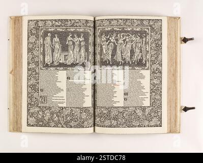 The Kelmscott Chaucer - die Werke von Geoffrey Chaucer, jetzt neu eingeprägt, 1896, mit 87 Holzschnitt-Illustrationen, gebunden in voll weißem Schweinefell. Entworfen von William Morris, illustriert von Sir Edward Burne-Jones und veröffentlicht von Kelmscott Press. Zu den bekanntesten Beitragenden zählen Douglas Cockerell, TJ Cobden-Sanderson und Sir Emery Walker. Stockfoto