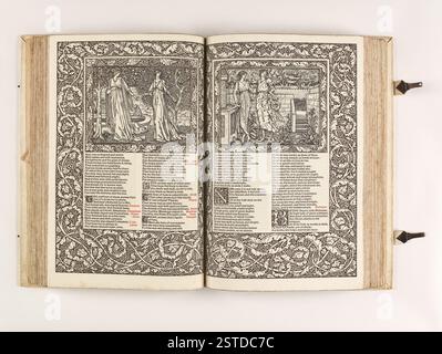The Kelmscott Chaucer - die Werke von Geoffrey Chaucer, jetzt neu eingeprägt, 1896, mit 87 Holzschnitt-Illustrationen, gebunden in voll weißem Schweinefell. Entworfen von William Morris, illustriert von Sir Edward Burne-Jones und veröffentlicht von Kelmscott Press. Zu den bekanntesten Beitragenden zählen Douglas Cockerell, TJ Cobden-Sanderson und Sir Emery Walker. Stockfoto