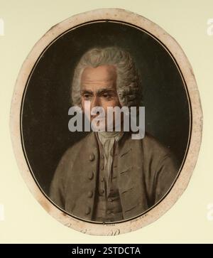 Ein Porträt des Philosophen Jean-Jacques Rousseau in Dreiviertelbüste mit grauer Kleidung und dunkelgrauem Hintergrund, das seinen Einfluss auf die Aufklärung widerspiegelt. Stockfoto
